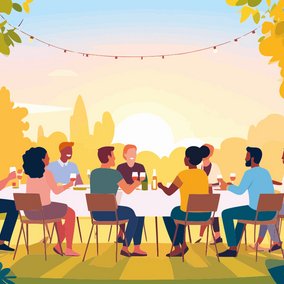 Illustration von feiernden Menschen an einem langen Tisch