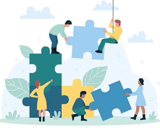 Illustration 5 Menschen sitzen auf 5 Puzzleteilen