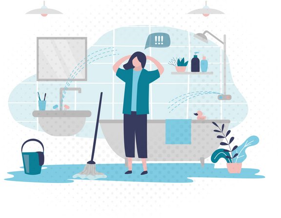 Ullustration Frau mit Händen am Kopf vor übergelaufener Badewanne