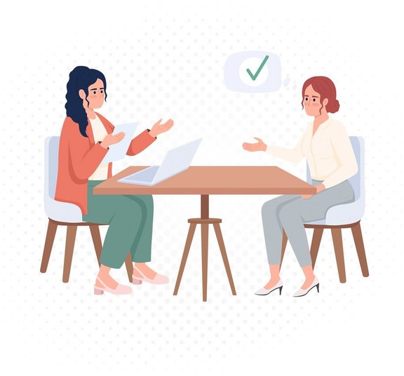 Illustration von 2 Frauem am Tisch sitzend, Laptop darauf